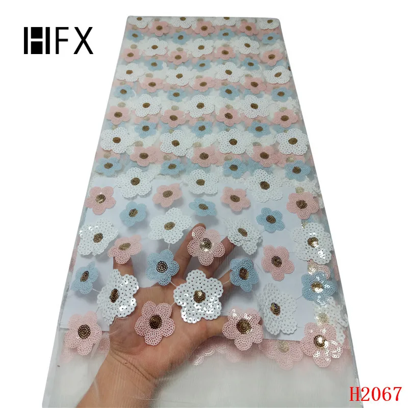 

HFX Newest High Quality 2019 Tulle sequins French Nigerian Lace Fabrics Sequins Embroidered Guipure African 3d Lace Fabric F2031