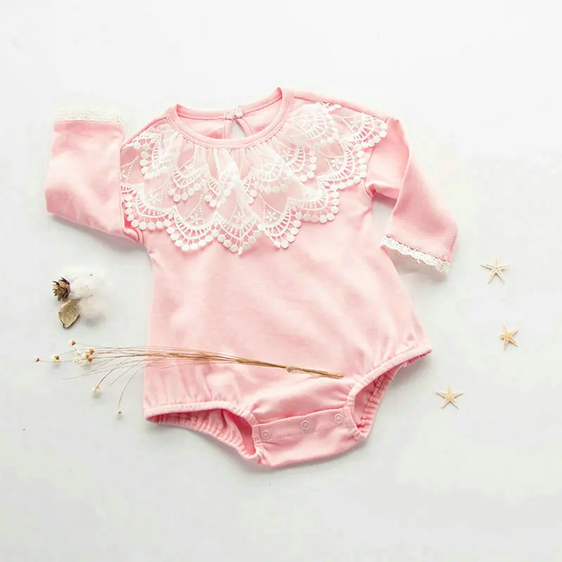 

2017 Casual Pink Baby Bodysuit With Lace Princess Newborn Girls Cotton Long Sleeve Body Clothes Infant Underwear For Christmas