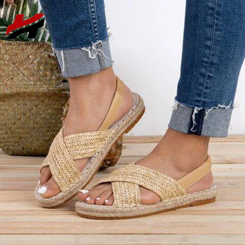 NAN JIU MOUNTAIN Women Sandals 2019 Summer Flat Sandals Casual Rattan Knitting Rear Elastic Band Simple Lady Wind Plus size