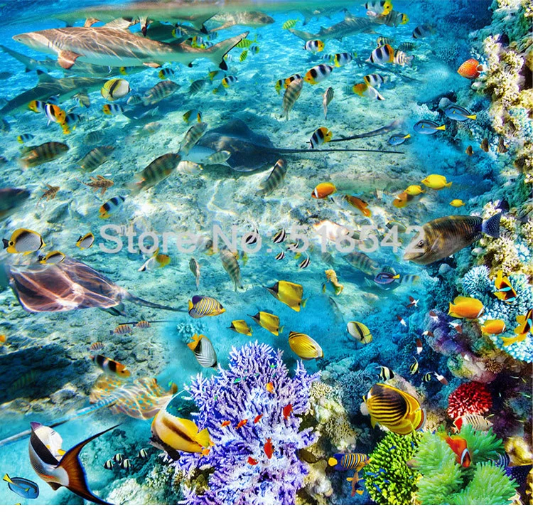 Пользовательские полы обои Подводный мир Рыбы коралловых Туалеты Ванная комната Спальня 3D Пол фрески ПВХ Водонепроницаемый самоклеящиеся