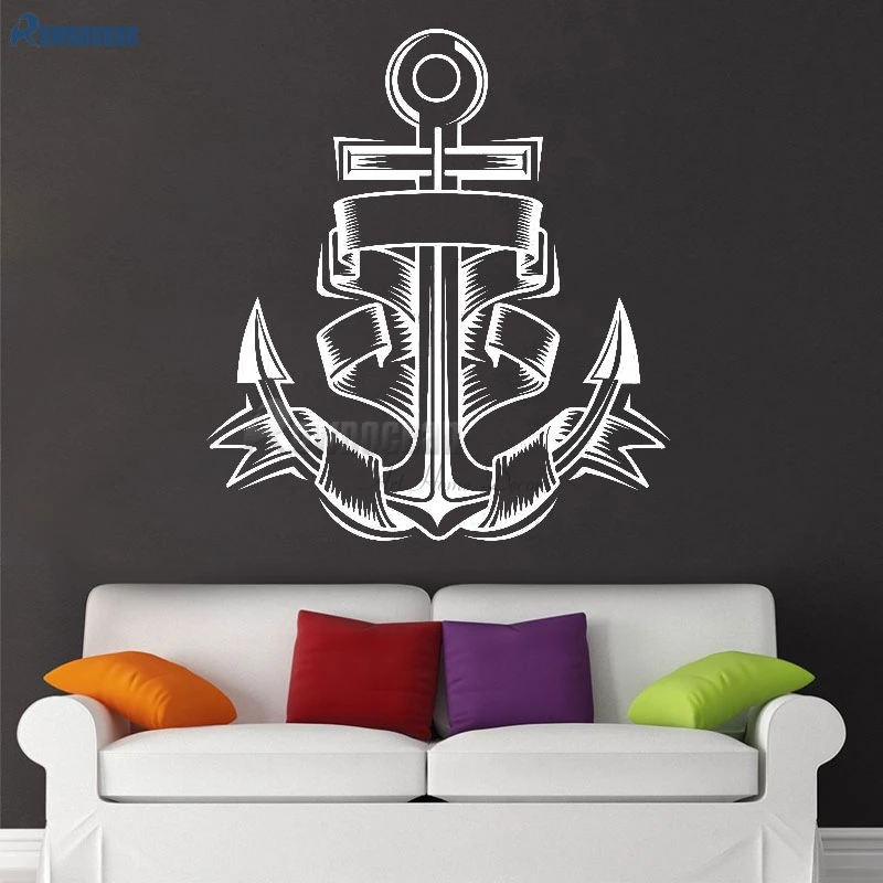 ROWNOCEAN Nautical Home Decor Anchor Vinyl Wall Stickers Art Decals Home Decoration Kids Room Bathroom Tile Wallpaper Mural C-17