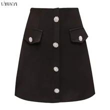 

LXUNYI High Waisted Skirts Womens Summer 2019 Korean Diamond Buttons Formal Slim A Line Skirts Women Fashion Casual Short Skirt