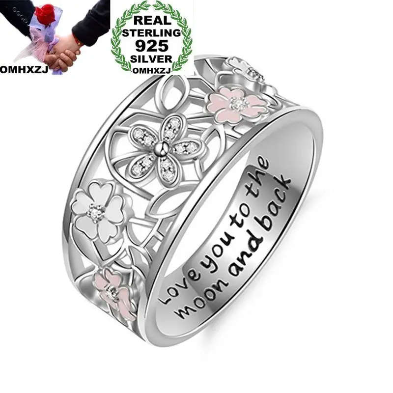 

OMHXZJ Wholesale European Fashion Woman Girl Party Wedding Gift Silver White Pink Flower Hollow AAA Zircon Taiyin Ring RR324