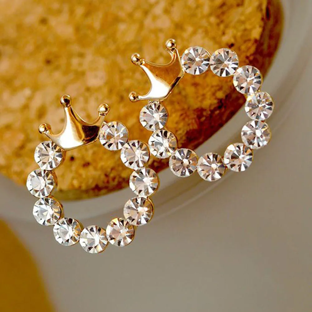 Модные украшения сияющий кристалл круглый круг серьги стержня для Для женщин золото Цвет Корона серьги вечерние свадебные украшения
