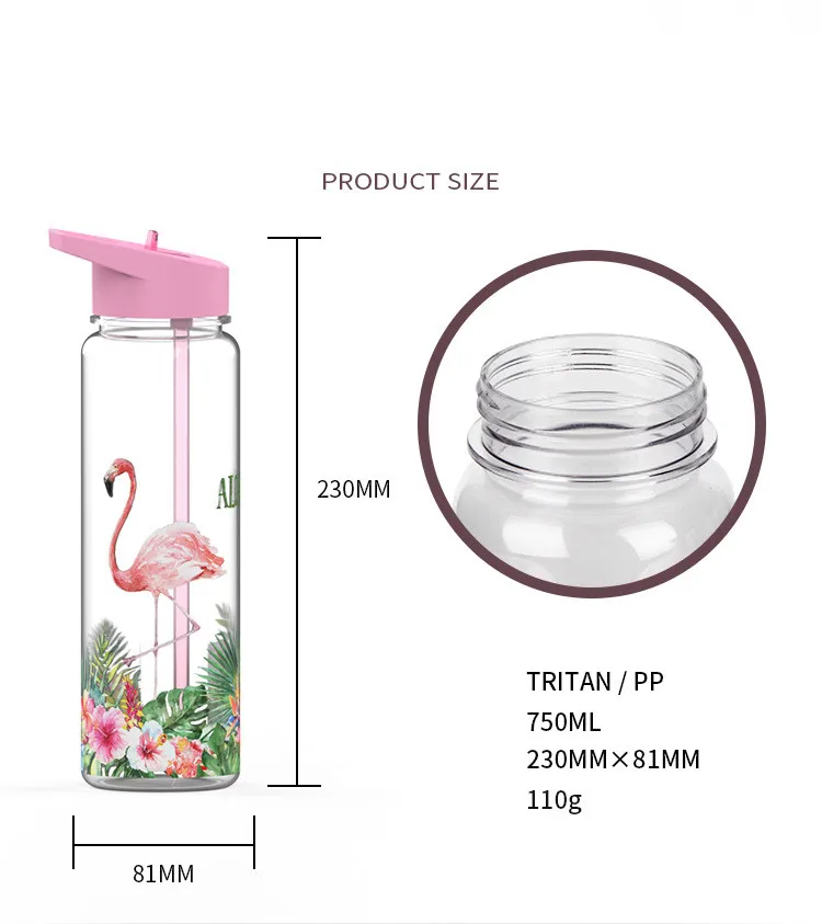 Экологически чистая 750 мл/25 унций Тритан Спорт моя соломенная бутылка для воды с принт Фламинго мой напиток сок ручка чайник Единорог