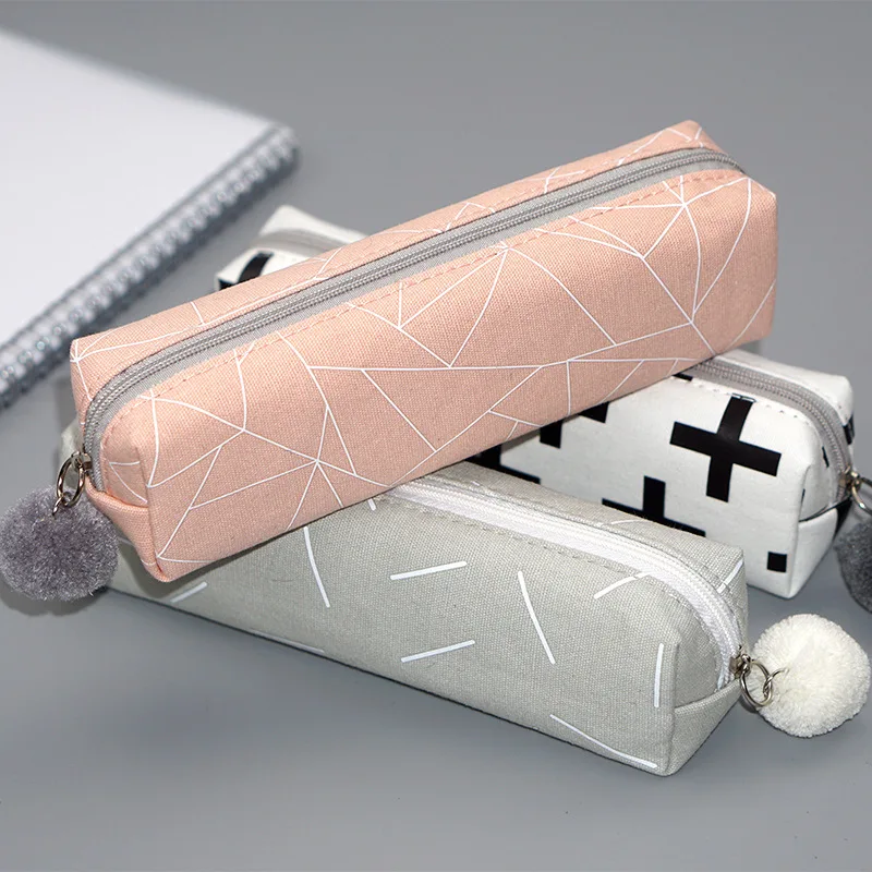 

New Concise Solid Color For Girl Student Pencil Case With Kawaii Plush Ball School Supply Pencil Cases Stationery Canvas Pen Bag