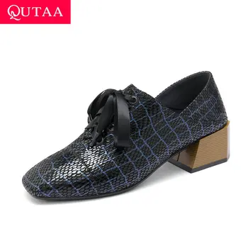

QUTAA 2020 Lace Up Fashion Square Toe Women Pumps Patchwork Genuine Leather Square High Heel Spring Autumn Women Shoes Size34-42