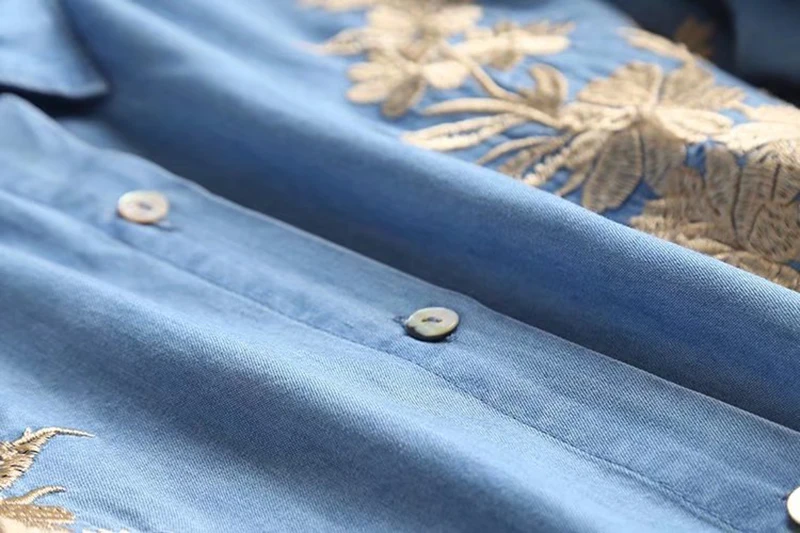 Блузка женская с цветочной вышивкой джинсовая синяя блузка женская золотая линия с длинным рукавом на пуговицах спереди Женские топы и блузки для улицы