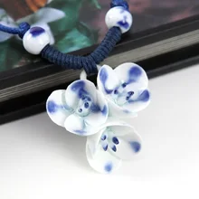 Ethnic Jewelry Handmade Ornaments Weave Wax Rope Ribbon Silver Plated Necklace Choker Original Manual Ceramics Flower