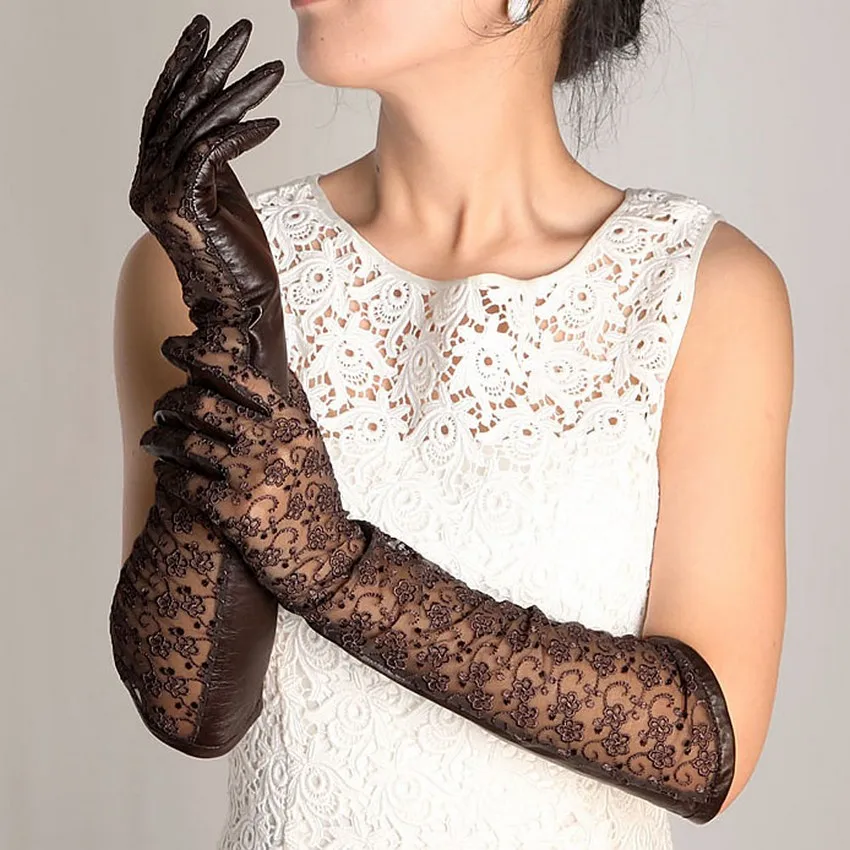 Genuine Leather Women Gloves Fashion Elegant Lady Embroidery Lace