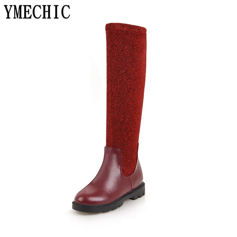 YMECHIC/ г.; зимняя блестящая женская обувь; Цвет серебристый, черный, красный; высокие сапоги до середины икры для верховой езды; эластичные женские рыцарские сапоги; большой размер 43