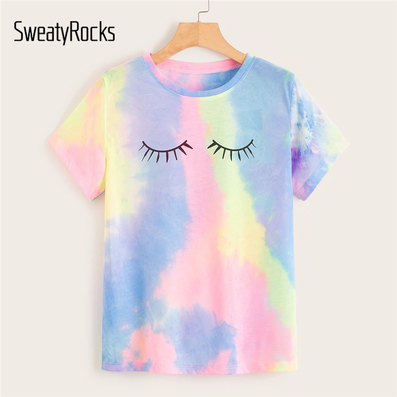 

SweatyRocks Tie Dye Eyelash Print Tee for Women 2019 Summer Streetwear Basics T-shirts Casual Female Short Sleeve Colorful Tops