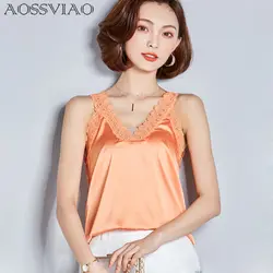 2019 Лидер продаж Прекрасный для женщин Blusa шелк кружево без рукавов белая блузка повседневное пикантные майки Летний стиль футболки для