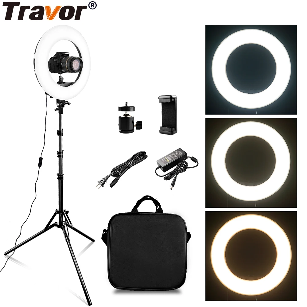 Prix TRAVOR RL 12A 384 LED 45W LED anneau lumière Dimmable Ringlight 3200 K 5500 K photographie maquillage anneau lumière lampe avec 2m support de lumière