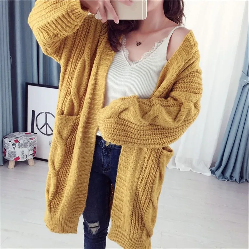 Океанlove винтажный однотонный длинный свитер Abrigos Mujer Invierno осенний свободный женский свитер с толстыми карманами Модный женский кардиган 12457