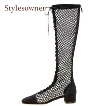 Stylesowner/фирменный дизайн; Лоскутные ботинки в сеточку; сезон весна-лето; женские ботинки для бега с квадратным каблуком и перекрестной шнуровкой спереди