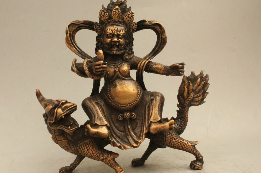 

8.5"Tibet Buddhism Bronze Vaishravana On Foo Fu Dragon Protector Deity Statue