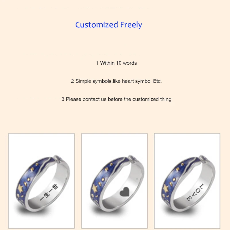 Qevila 2019 Fashion Personalized Rings Customized Van Gogh Enamel Ring 925 Sterling Silver Gold Moon Star Canvas Rings for women (4)