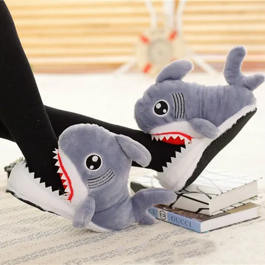 Funny Shark slippers for girls Winter Flock Short plush House shoes women Cute cartoon Bedroom slippers Flat with Soft