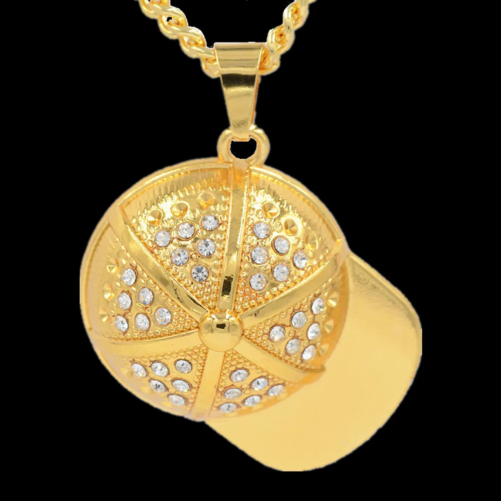 Crystal Baseball Cap Pendant Necklace Sport Hiphop Jewelry Gold Color