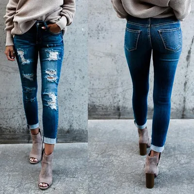 2018 весенние джинсы для Для женщин Повседневное рваные Узкие хлопковые Брюки для девочек Для женщин S обтягивающие джинсы плюс Размеры