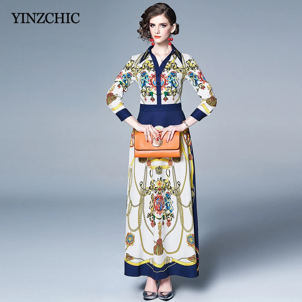 

New Autumn Woman Maxi Print Dress Slim Ladies Long Party Dress Vintage Printed Female Street Dresses Spring A-line Dress Woman