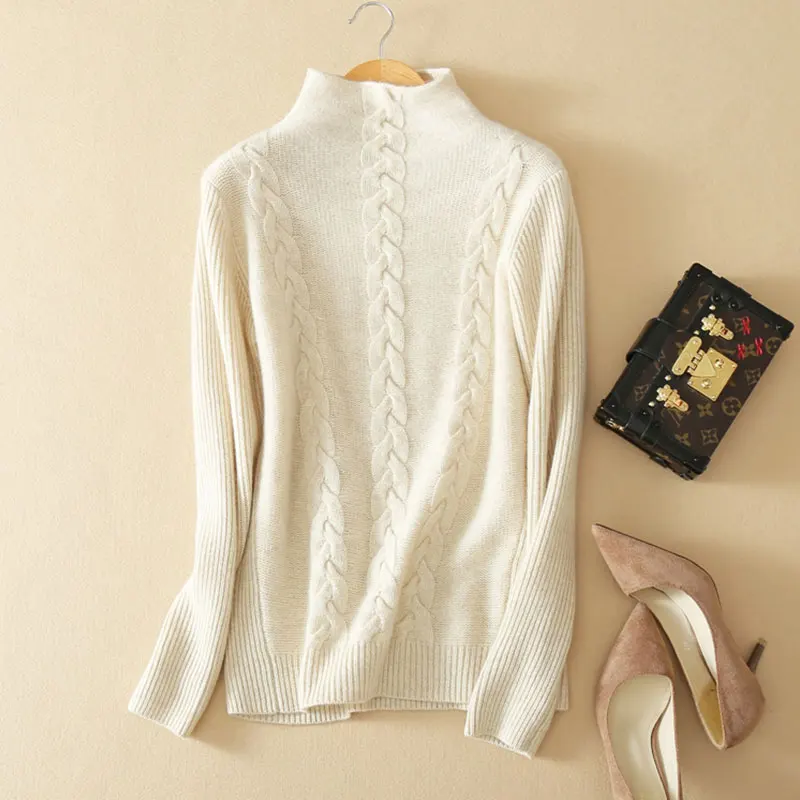 

Luxury Autumn Winter Half Turtleneck Sweaters Pullover 100% Pure Cashmere Long Knitting Ribbed Thick Women Tops Ladies Jumpers