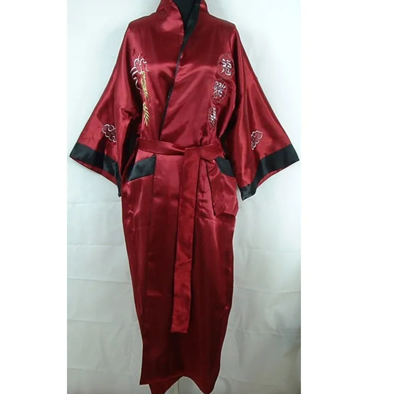 Горячая новинка Бургундский черный китайский мужской шелковый атлас двустороннее платье банный халат с вышивкой двухлицо пижамы Один размер ZR31