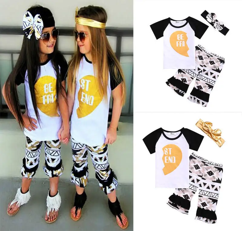 2017 Best Friend Clothes Twins Sisters Short Sleeve T shirt Top+Bell bottoms Capri Pants