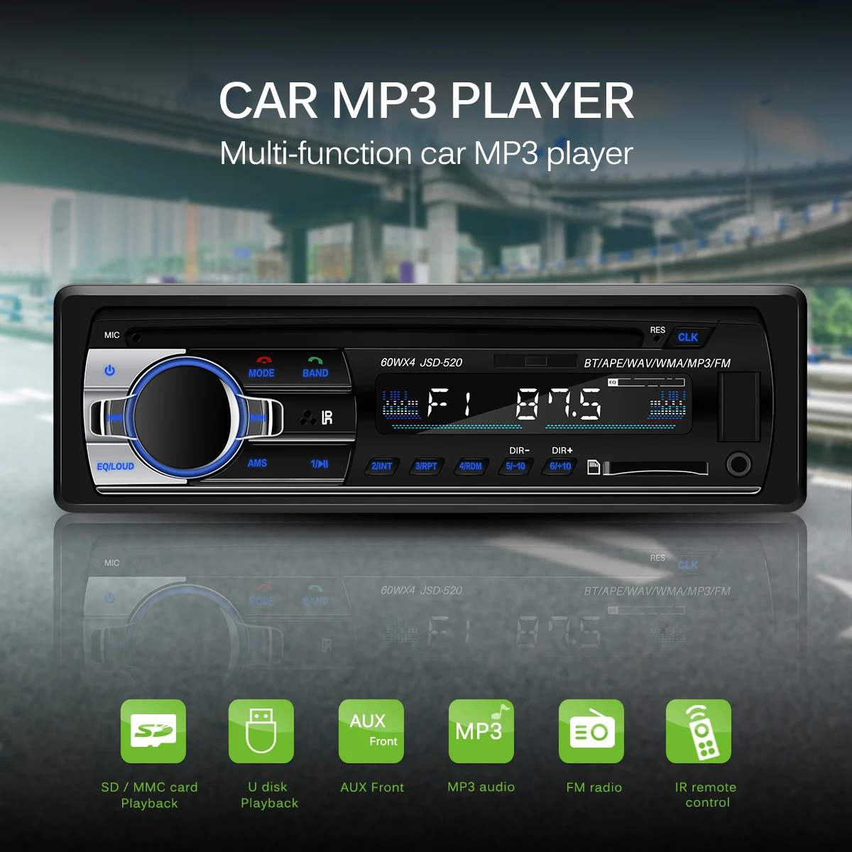 12 В автомобильный аудио Радио стерео плеер Bluetooth телефон Поддержка AUX IN SD MP3 MMC WMA FLAC