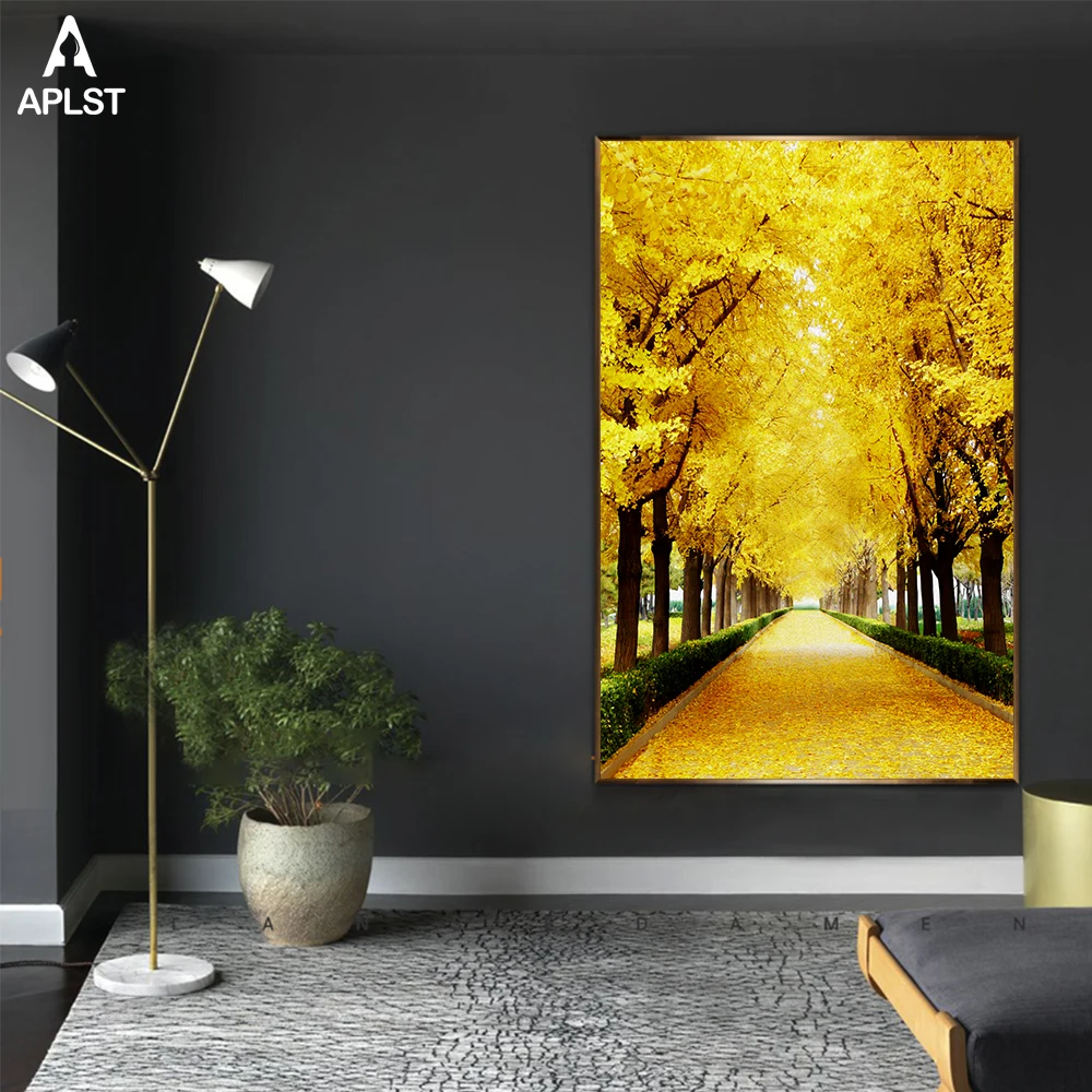 Осенний пейзаж дерево-облицованная дорожка масляная живопись печать Желтое дерево улица холст печать плакаты Настенная картина для гостиной лобби