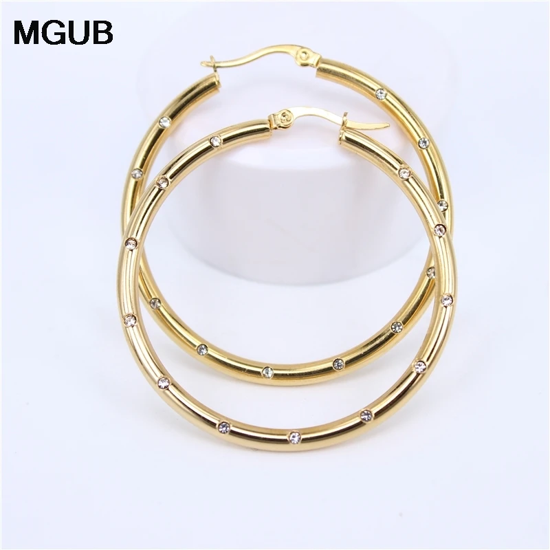 MGUB Diameter 35MM-55MM Big crystal Hoop Earrings Gold Color Stainless Steel Jewelry Circle Round Earrings For Women LH501