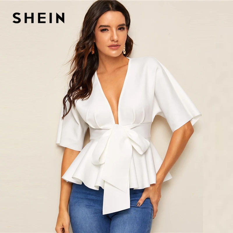 SHEIN топ с глубоким вырезом и баской на талии, белый однотонный облегающий женский топ и блузки, сексуальный глубокий v-образный вырез, летняя блузка с коротким рукавом