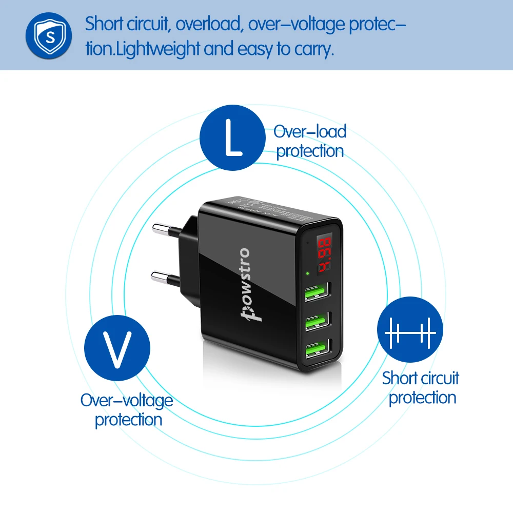 Настенное зарядное устройство Powstro 5 В 3 А, 3 USB, зарядное устройство для мобильного телефона, адаптер, дисплей, зарядное напряжение, ток для телефона, планшета для samsung