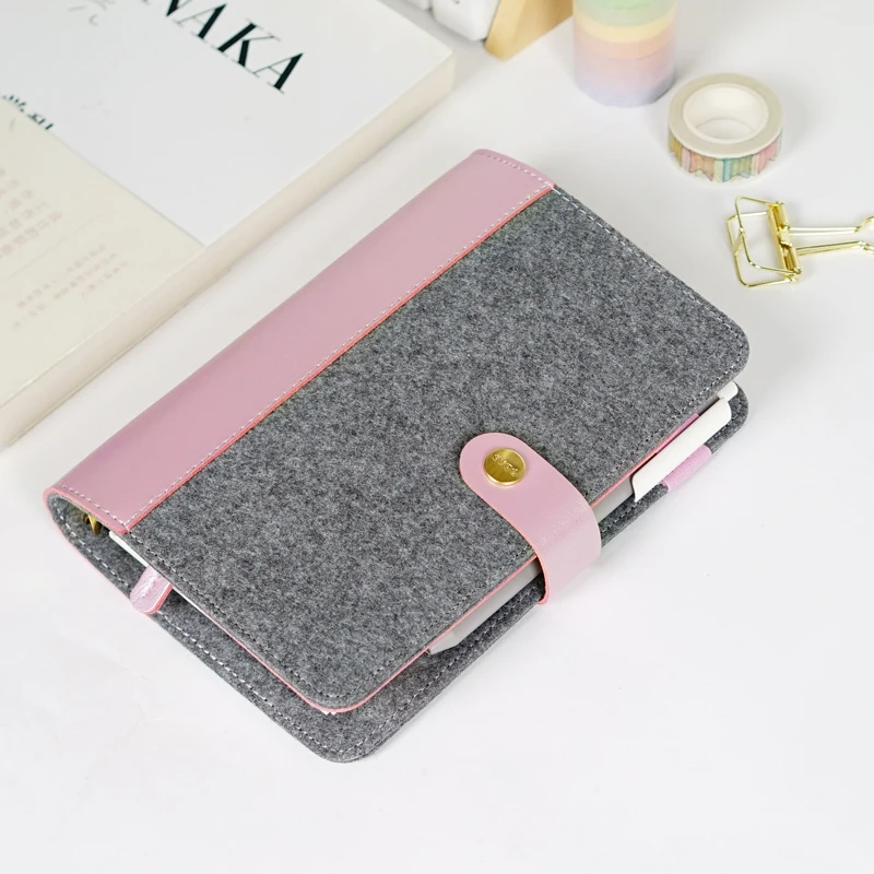 

Japanese Personal Dairy Felt With Pu Leather Travel Journal Golden Ring Office Binder Notebook Cute Kawaii Agenda WJ-XXWJ351-