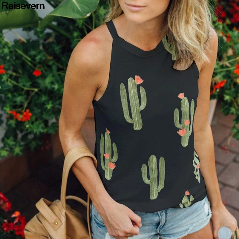 

Dropshipping New Sleeveless T Shirt Women 2019 Cactus Print Tees Halter Harajuku Women TShirt Tops Tees Women Shirts Camiseta
