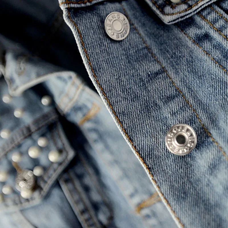 Plus size 5xl 2019 Spring Vintage Women Jean Jacket Witrh Pearls Beading Long Sleeve Pockets Denim Jackets Loose Outwear Female