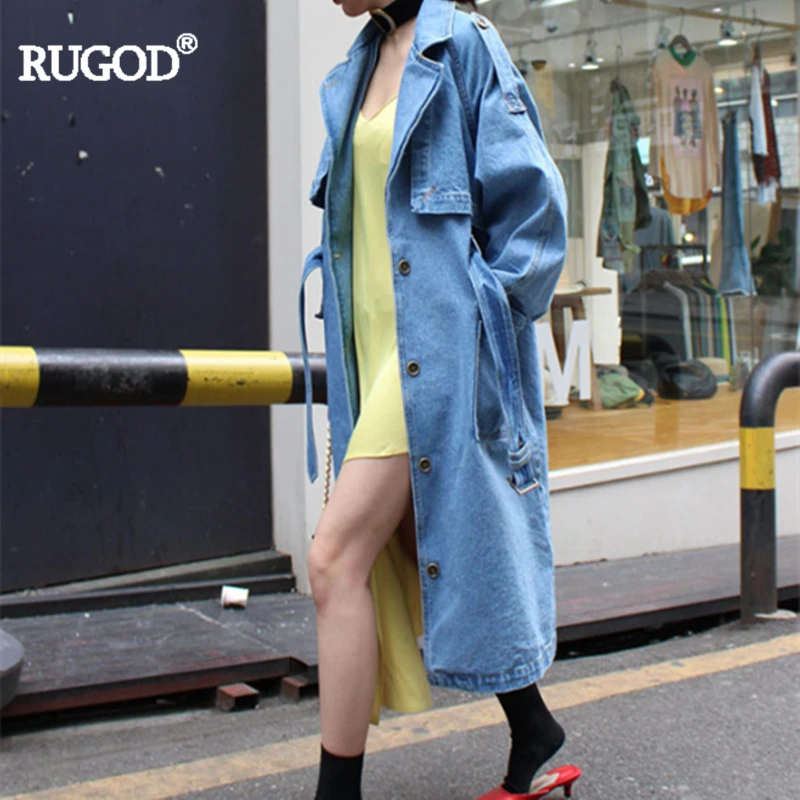 

RUGOD 2019 Autumn Winter All-purpose Vintage Lace Up X-Long Demin Trench For Women Solid Casual Oversize Turn-down Collar Coat