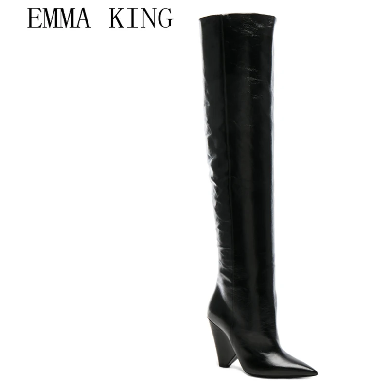 

Autumn Winter Leather High Heel Boots Pointed Toe Thigh High Long Boots Shoes Woman Sexy Zapatos De Mujer Female