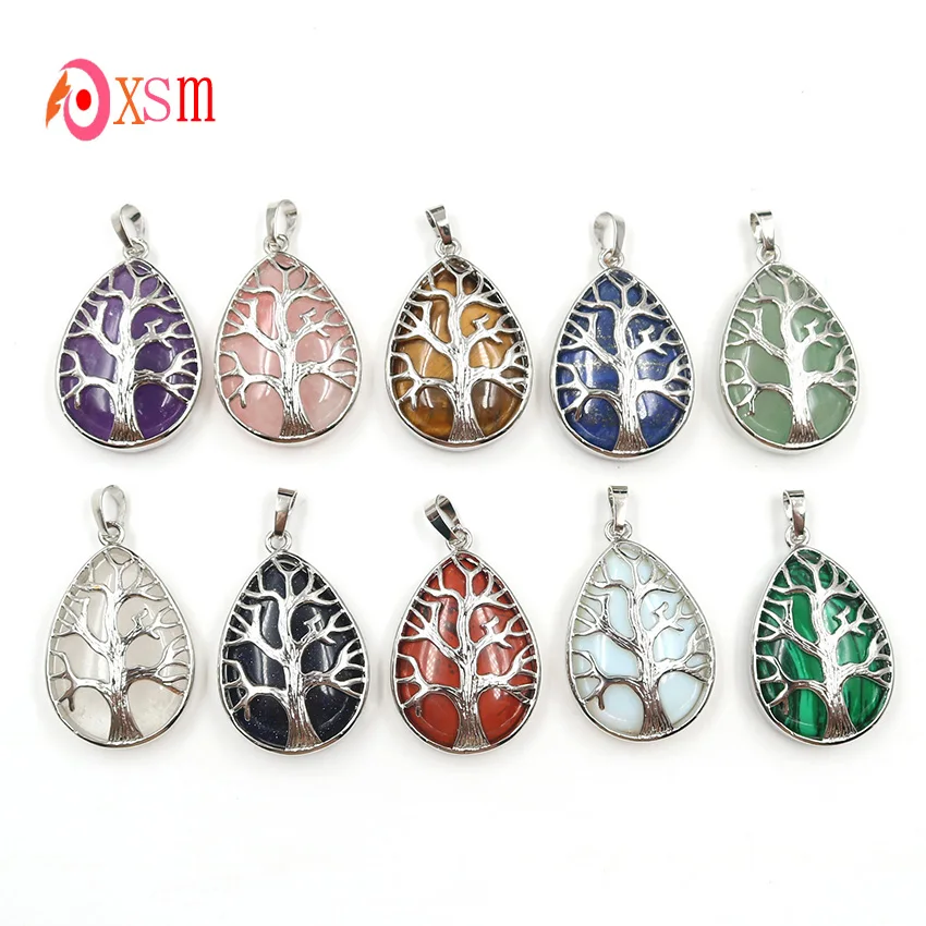 

xinshangmie Wholesale 10 Pcs Natural Pink Quartzs Classic Water Drop Shaped Tree of Life Pendant Charms Mascot Amulet Jewelry