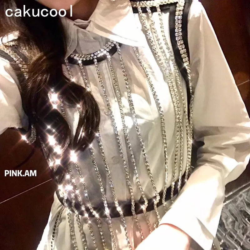 Новинка шикарный жилет Cakucool со стразами и белая блузка с длинным рукавом рубашка