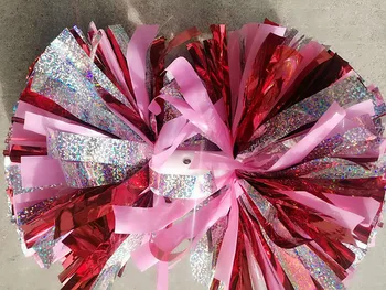 

Professional competition cheerleader Pom poms 6" metallic holographic with pink andmetallic red