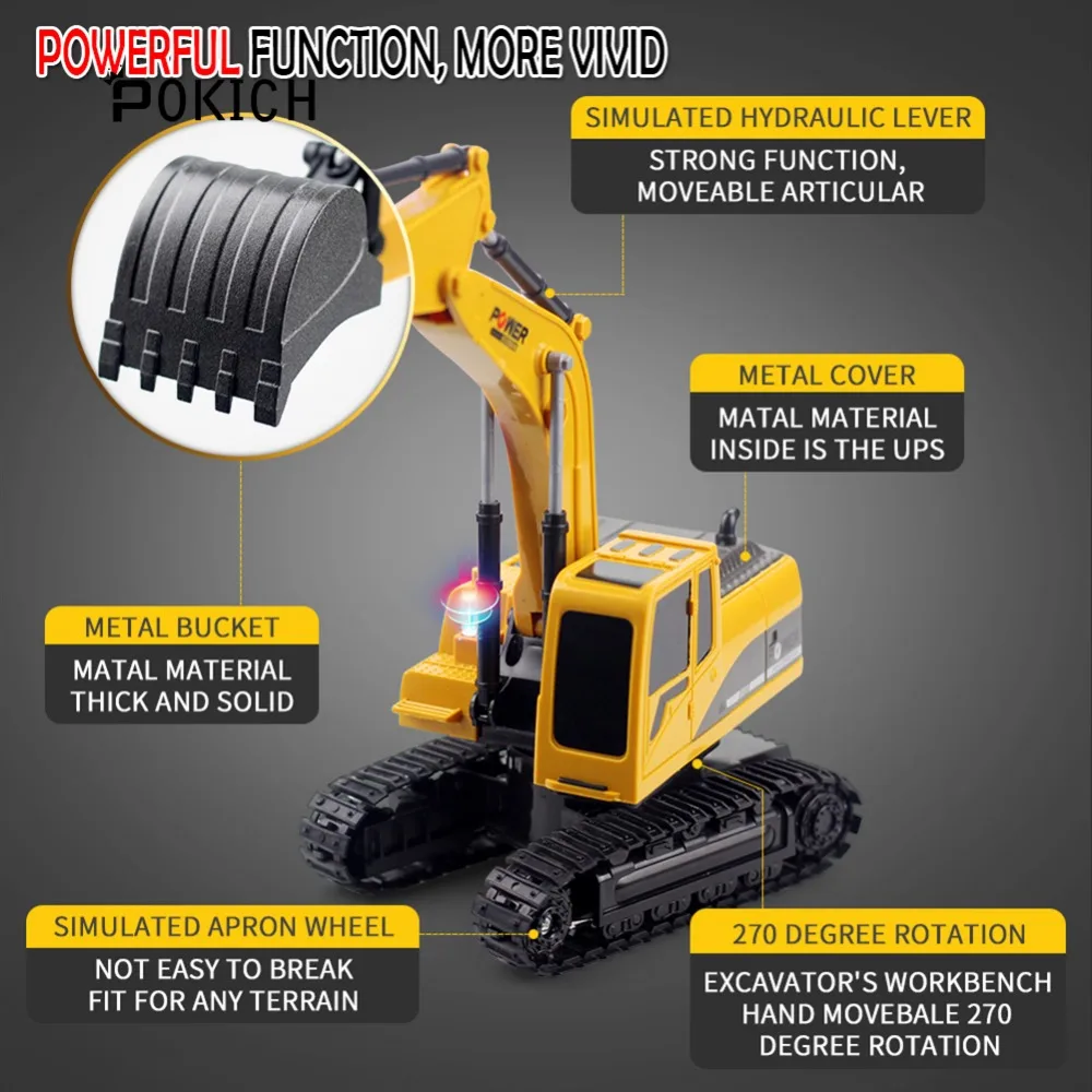 Pokich RC Excavator Remote Control truck toy Auto Lift Engineering Car Dumper Tilting Cart Tip Lorry Tractor Crawler Digger Toy
