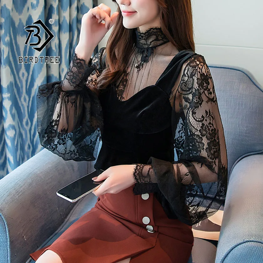 

2019 New Autumn Women's Lace Blouse Fashion Sexy Black Floral Hollow Out Long Sleeve Velvet Vest Design Female Hot Sale T96730D