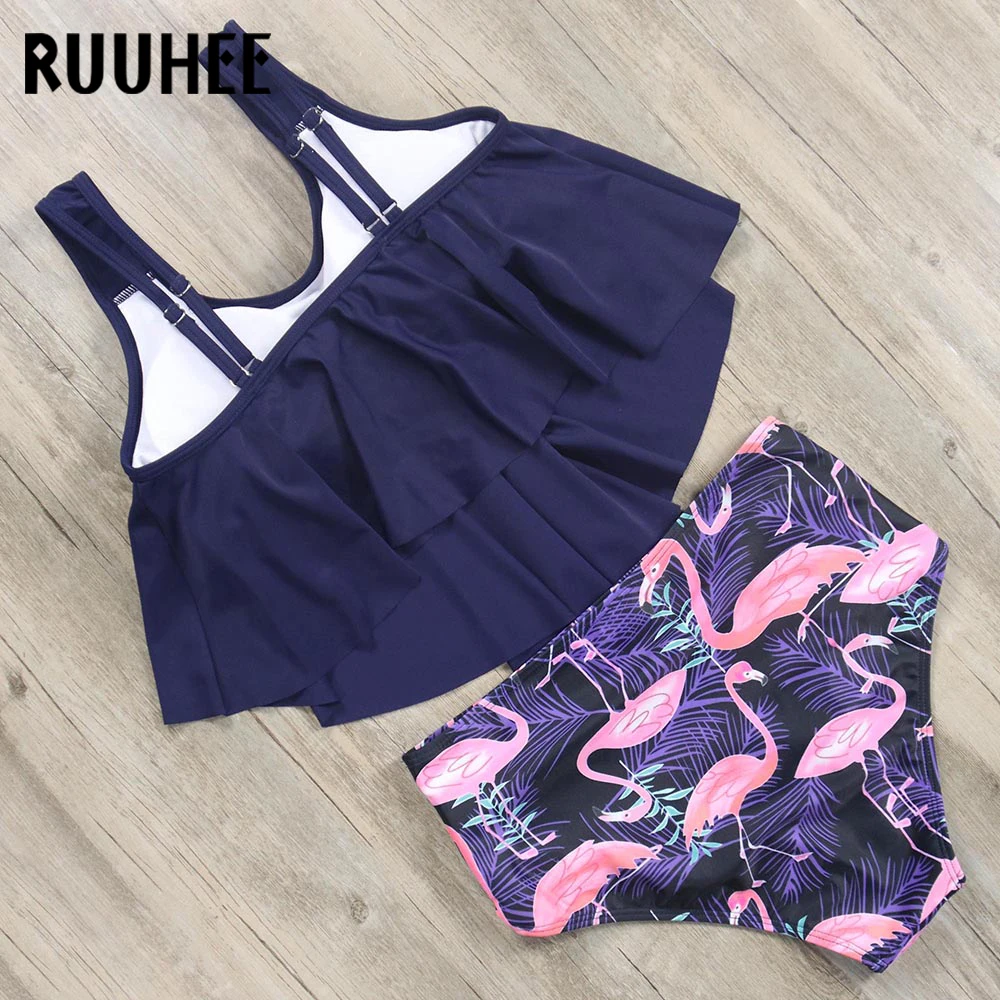 RUUHEE Flamingo Bikini Swimsuit Swimwear Women High Waist Tankini Set Push Up Bathing Suit 2019 Beachwear Plus Size Swimwear