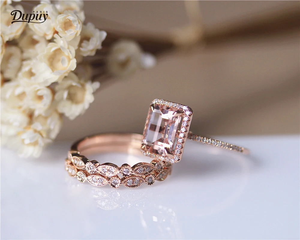 DUPUY VS 7*9mm Emerald Cut Morganite Engagement Ring Set Art Deco Half Eternity Diamond Wedding 3pcs 14K Rose Gold | Украшения и