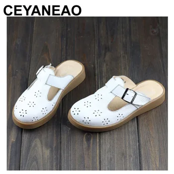 

CEYANEAOWoman Flat Casual Slip on flat Shoes Hollow out Breathable Summer Loafers 100% Authentic Leather Ladies Flat Shoes(H257)