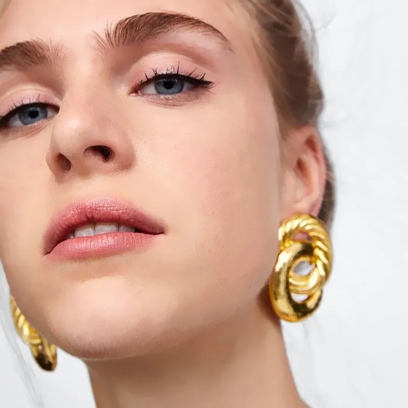 

EK386 ZA Metal Double Big Circle Earrings for Women European & American Statement Party Jewelry Simple Punk Studs Round Brincos