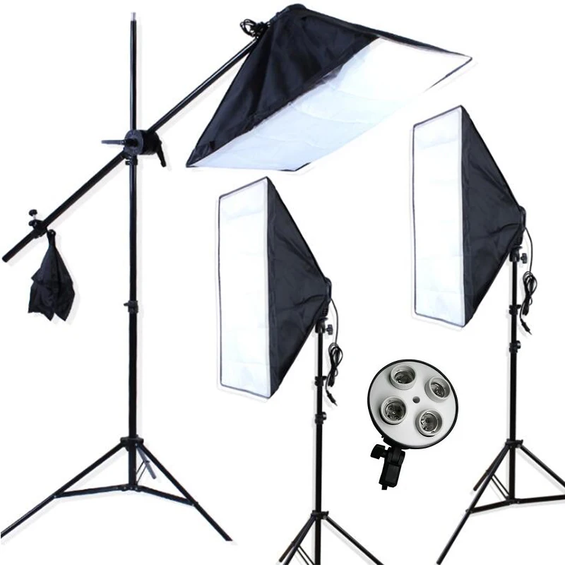 

Continuous Fluorescent Daylight Lighting Kit 3x 4-Lamp Heads 3x Softbox dome light Stands/12 Light stand /1x Boom Arm