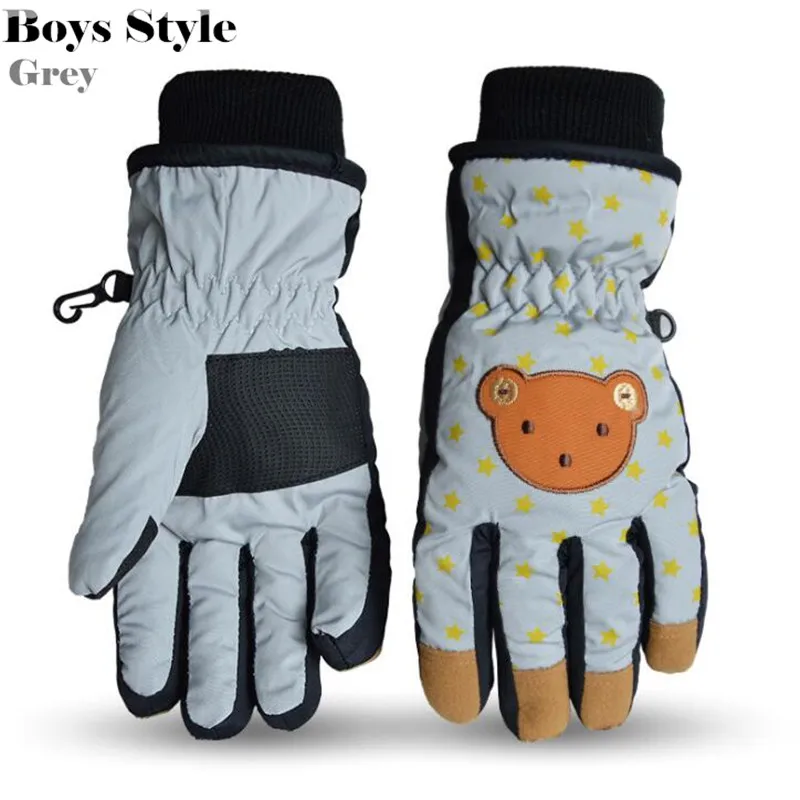 Детские лыжные перчатки, зимние Бархатные Теплые Детские водонепроницаемые ветрозащитные перчатки с рисунком медведя из мультфильма для девочек и мальчиков 5-12 лет